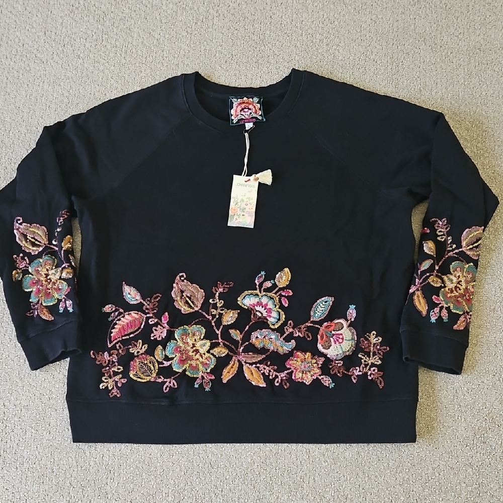 Johnny Was Black Sweatshirt with Pink and Yellow Floral Embroidery
